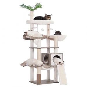 Heybly Arbre à Chat Moderne, Arbre à Chat en Bois avec 5 Griffoirs, Planche à Griffer, Panier, Tour de Jeu 156 cm, Niche, Plateforme, Hamac, 3 Pompons, Tapis Lavables, Gris Rustique HCT120SG (Heybly-FR, neuf)