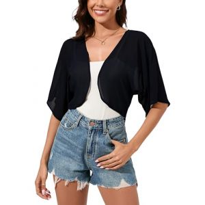 Dosieyeo Boléro en mousseline de soie ouvert sur le devant à manches 3/4 pour femme – Cardigan court léger et transparent pour robe, noir, Taille L (YINING KLEIDUNG, neuf)