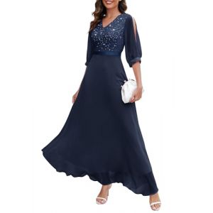 Wedtrend Robe de soirée élégante pour mariage - Col en V - En mousseline de soie - Robe de cocktail longue avec manches divisées - Robe en dentelle à manches mi-longues avec paillettes, bleu marine, S (WedTrend, neuf)