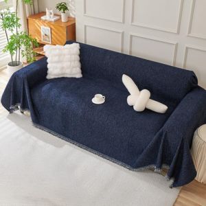 Royhom Housse de Canap&eacute; d'angle, Housse Canap&eacute; 2 Places, Orange Couvre Canape Chenille, Protege Canape Angle avec Glands D&eacute;coratifs, Anti-Rides (Bleu Marin, 180x260 cm) (Royhom Europe, neuf)