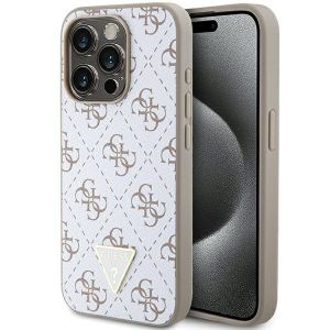 GUESS GUHCP15LPG4GPH Coque pour iPhone 15 Pro 6,1" Blanc Rigide 4G Triangle Logo M&eacute;tal (INFOY-LOG, neuf)