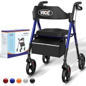 VOCIC deambulateur 4 roues pliable leger,Rollator en aluminium léger avec siège,Pour tous les terrains, Siège réglable en hauteur,Se range facilement dans le coffre,Bleu Saphir | Garantie de 5 ans (VOCIC, neuf)