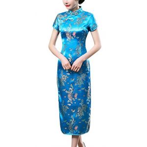 Laogudai Robe Asiatique Style Chinois Femme à Manche Courte Cheongsam Qipao Longue Robe Traditionnelle Chinoise Col Montant pour Soirée Cérémonie Cocktail 46 Bleu (AISI680, neuf)