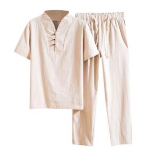 WAZHAKU V&ecirc;tement en coton Zen M&eacute;ditation Tai Chi Uniforme pour homme Ensemble Tang Pantalon &agrave; manches courtes V&ecirc;tements traditionnels chinois Kung Fu V&ecirc;tements respirants Hauts, kaki, L (wealt You, neuf)