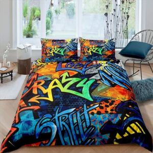 Hippie Graffiti Style Housse de Couette 200x200cm Adolescent Hip Hop décoration Enfants Parure de Lit Garçon Fille Graffiti Motif Literie Set Street Culture Série 3 pièces (Bofanshangmao, neuf)