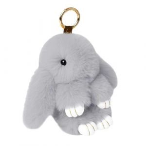 Porte-clés en forme de lapin, porte-clés en peluche douce et mignonne en fourrure de lapin Rex pour voiture, sac à main, sac (gris clair) (RuiJunSi, neuf)