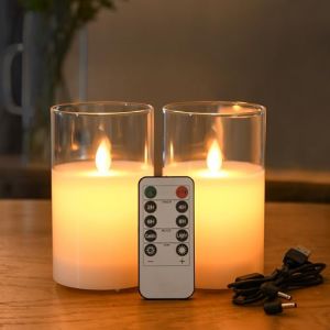 FiiMoo Bougies LED Rechargeable, Lot de 2, Bougies LED avec Télécommande, Bougies Rechargeables USB, Bougie Flamme Vacillante, Bougies Décoratives pour Fête, Anniversaire, Mariage-10cm Verre Blanc (FiiMoo EU, neuf)