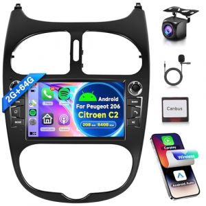 2G+64G sans Fil Carplay Android Autoradio 2 Din pour Peugeot 206 206CC 206SW 1998-2016 Citroen C2 2004-2008 7 Pouces Autoradio avec Mirror Link Bluetooth FM/RDS/EQ Commandes au Volant Cam&eacute;ra de Recul (Rimoody Direct, neuf)