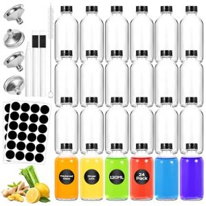 Yokuni Ensemble de Fiole en Verre, 24 Mini Bouteilles en Verre de 120 ml, Comprend un Entonnoir en M&eacute;tal, des &Eacute;tiquettes, un Marqueur Blanc et Une Brosse de Nettoyage (KARAASENOV NIKOLAY, neuf)