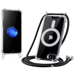 JProtect Coque de protection pour iPhone 7/8/SE 2 & 3 avec bande et MagSafe - Cha&icirc;ne de t&eacute;l&eacute;phone portable magn&eacute;tique pour iPhone SE 2020 et 2022 magn&eacute;tique - Coque transparente &agrave; bandouli&egrave;re noire (WebStream GmbH, neuf)