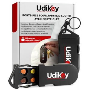 Bo&icirc;te de Rangement Porte-Cl&eacute;s Piles Appareils Auditifs 10 13 312 - &Eacute;tuis &agrave; Piles UdiKey Ouverture Rapide Fermeture S&eacute;curis&eacute;e Coque Anti Rayure - Voyages Travail - Portable 6 Compartiments 36x85x16mm (Eurocali, neuf)