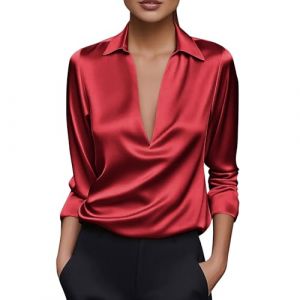 RLEHJN Chemisier En Satin Pour Femme Col En V Chemise Femme Chic Et &Eacute;l&eacute;gant Blouse En Satin Femmes Couleur Unie Chemisier En Soie Haut &Agrave; Manches Longues Tunique Haut Chic Pour Soir&eacute;e Mariage Business (⭐⭐⭐⭐⭐RLEHJN, neuf)