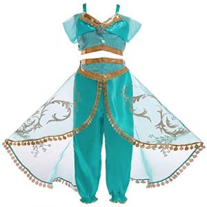 Eleasica Fille Aladdin Jasmine Princesse Cosplay Costumes 2pcs Ensembles épaule Nue Pantalons Conte de Fée Déguisement Vert Respirant Halloween Noël Anniversaire Carnaval Fête Cosplay, Vert, 120 cm (Eleasica, neuf)