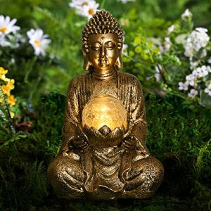 Yeomoo Meditation Statue de Bouddha Decoration Jardin Exterieur -Jardin Zen Figurine de Boudha Idee Cadeau Femme Maman,Lampe Globe Solaire avec Décoration en Verre pour Balcon,Patio,Porche l'or 26.5cm (Yeomoo, neuf)