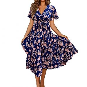 Robe D'été Femme Mi Longue Chic Imprime Manche Courte Dentelle Dress Sexy Épaules Dénudées Col en V Longueur Genou Taille Haute Robe De Plage A-Line Élégante Rétro Robe Été Robe Soiree Princesse (BAULMD（90% Big Promotion Without Discount Code ）, neuf)