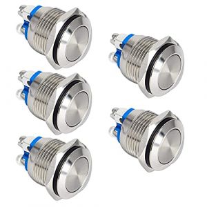GUUZI 5 pi&egrave;ces 19mm 2A 12V/24V/125V/250VAC Bouton Poussoir Etanche Momentan&eacute; avec Bornes &agrave; Vis Bouton Poussoir en Acier Inoxydable (T&ecirc;te Plate) (GUZI STORE, neuf)