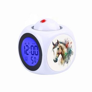 Réveil numérique à projection pour enfants avec thermomètre, température et affichage de l'heure, de la date, horloge de table, aquarelle, tête de cheval (ZPYFDC, neuf)