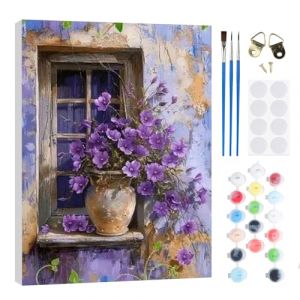 RICUVED Fleurs violettes Peinture par Num&eacute;ros DIY Kit 20x30cm pour Adultes Enfants avec Cadre en Bois&ndash;Paysage DIY Peinture &agrave; l'huile par Num&eacute;ros sur Toile Artisanat avec Pinceaux Peintures Acryliques (FANDIJIA, neuf)