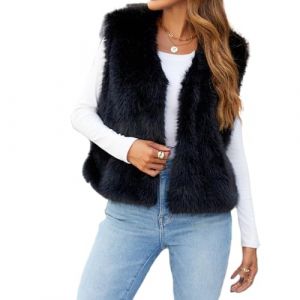 Caziffer Gilet Femme sans Manche en Faux Fur Cardigan Femme Chaud Col V Manteau sans Manche &agrave; Couleur Unie pour Femmes D&eacute;contract&eacute; Streetwear (Noir, L) (baixia, neuf)