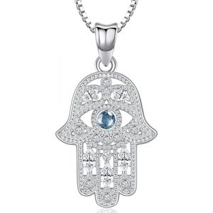 Collier Main de Fatma Argent Sterling 925 Pendentif Main de Fatma avec Zircon Bleu, Hamsa Collier Bleu Collier Main de Fatma avec Oeil, Bijoux Main de Fatma pour Femme (Aniu, neuf)