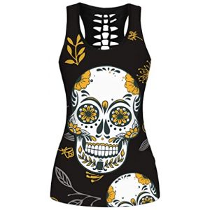Ocean Plus Femme Crâne Sport Débardeurs Gothique Cache-cœur Gilet d'entraînement sans Manches Chemise Criss Cross Noir T-Shirt Halloween (3XL (Brustumfang: 110 cm), Crâne de Fleurs Jaunes) (Ocean Plus, neuf)
