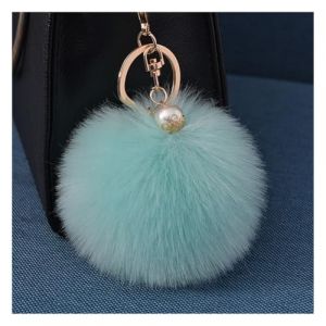 Wisafory Porte-clés pompon avec perle dorée en fausse fourrure moelleuse - Porte-clés de sac à dos - Accessoires - Porte-clés pour téléphone portable - Pour femme - Bleu aqua (Qunrong, neuf)