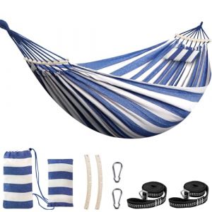 Chihee Coton Hamac Grand hamac Souple Respirant Hamac de Camping Peut Supporter jusqu'à 300KG Hamac d'arbre Portable avec Barre d'écartement détachable Oreiller 2 Sangles Solides 2 mousquetons (Tokeda, neuf)