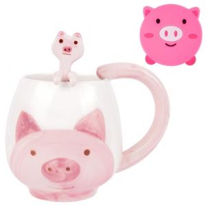 AOOTE Tasse &agrave; Caf&eacute; Cochon, Tasse &agrave; Caf&eacute; Animal, Tasse &agrave; Caf&eacute;s avec Cuill&egrave;re et Sous-Verre, Cadeau de Vacances, d'anniversaire pour la Famille, les Amis, les Coll&egrave;gues (LucyJinFuLai, neuf)