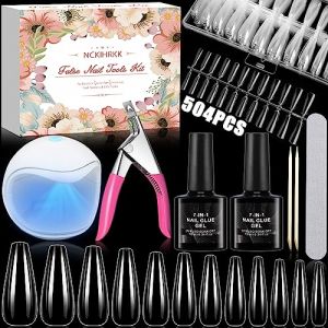 NCKIHRKK Capsule Americaine Ongle Kit, 504 Pièces Ongle Pose Americaine, Faux Ongles Capsules Ongles Americaine avec Mini Lampe UV Ongle, Colle Faux Ongles, Coupe Capsules Ongles, Limes à Ongles (MARKET BOPIKO S.R.L., neuf)