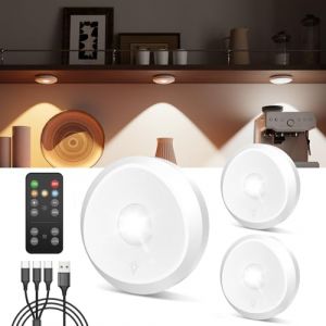 Spot LED Rechargeable USB avec Télécommande, 2400mAh Dimmable Lampe de Placard Ronde Eclairage Vitrine LED Sans Fil Spot Cuisine Sous Meuble Autocollant Lampe Armoire Tactile Veilleuse Murale Adhesive (Tedmos-FR, neuf)