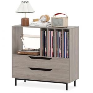 COSTWAY Meuble Vinyle avec 2 Tiroirs, Rangement Platine Vinyle 5 Compartiments, Support de Tourne-Disque pour CD/DVD, Grand Meuble HiFi pour Salon, Chambre (Gris ch&ecirc;ne) (FDS GmbH, neuf)
