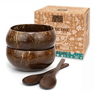 Jungle Culture&reg; Bols Noix de Coco &agrave; Motifs avec Cuill&egrave;res &bull; Lot de 2 Bols en Coquille de Coco avec Paille en Bambou et Pochette &bull; Bol Naturel pour C&eacute;r&eacute;ales, Smoothie, Poke, Buddha &bull; Cadeau Artisanal (Jungle Culture&reg;, neuf)