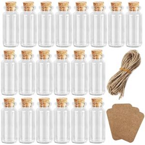 GESDYO Lot de 20 mini bouteilles en verre de 10 ml avec bouchon en liège et 30 étiquettes et 30 cordes de chanvre, flacons à essai avec bouchon en liège Mini bouteilles en verre pour fête de mariage (GESDY Obilan, neuf)