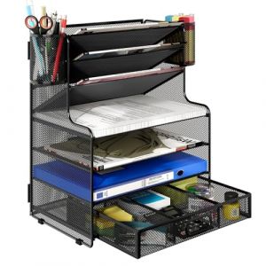 TQVAI 7 Compartiments Métal Corbeille a Courrier avec Organisateur Tiroir Organiseur de Bureau Porte Revue Bureau Trieur Documents A4 Rangement Papier Range Courrier avec 2 Pot a Crayon, Noir (TQVAI Direct-EU, neuf)
