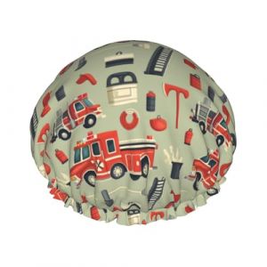 Grand bonnet de douche r&eacute;utilisable pour femme &ndash; Double camion de pompiers &eacute;l&eacute;vateur outils d'impression couche bonnet de cheveux pour douche avec corde &eacute;lastique et doublure en PEVA (shengCY-US, neuf)