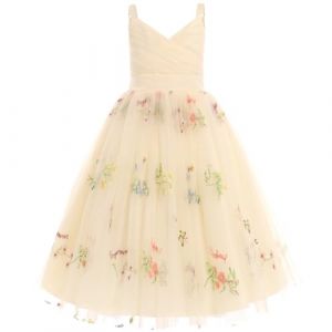 IDOPIP La Fille des Fleurs Princesse Robe Longue Pliss&eacute;e Mariage Demoiselle d'honneur Robe De Bal Broderie Fleur Dentelle &eacute;l&eacute;gante Col en V Beige Yellow 150 (BXH, neuf)