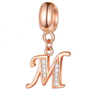 Charms lettre M en or rose pour bracelet pandora, perles alphabet initiale M, pendentif collier cz letter en argent sterling 925, cadeau d'anniversaire pour ma première fête des mères/maman/marraine (Xusheng Jewelry, neuf)