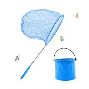 XIAQICA Filet à Papillon Epuisette Peche Filet à Atterrir Télescopique pour Enfants avec Seau Pliable Filet de Pêche pour Enfants pour Plage Extérieure Jardin (Bleu) (SUSUWang1300, neuf)
