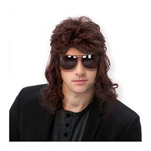 High-Quality Men's Wig, Hommes perruques 80s Disco mulet perruque longue bouclée mâle perruque Halloween Costumes Punk Rocker perruque douce haute température fibres synthétiques perruques,Natural-Lo (WangCaiXia SHOP, neuf)