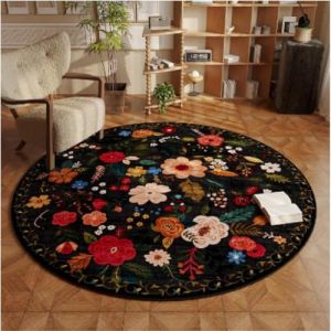 Highdi Tapis Rond de Nordic Rétro 40/50/80/100/120cm Tapis de Salon de Classic Shaggy Tapis Chambre Motif de Floral Tapis Poils Ras Antidérapant Fluffy Tapis pour Tapis de Rugs Chambre (120cm,Noir) (Highdi, neuf)