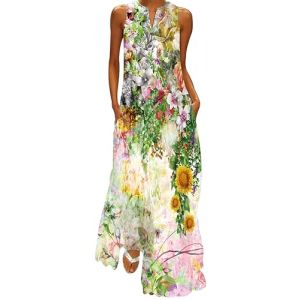 Ocean Plus Femmes Jupe Longue sans Manches Col V Robe Florale Imprimée Maxi Robe sans Manches avec Col en V (M, Tournesols en Peinture à l'aquarelle) (Ocean Plus, neuf)