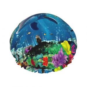 Couvre-cheveux pour la douche, motif dauphin sous-marin, poisson sous-marin, pour femme, r&eacute;glable, grand bonnet de douche imperm&eacute;able (Fushun Fufanshao Trading Co., LTD, neuf)