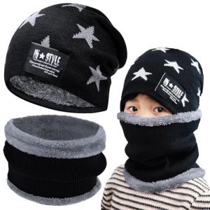 Axinyijia Ensemble Bonnet d'Hiver et Cache Cou Polaire pour Enfant, Tour de Cou Gar&ccedil;on, Pack &Eacute;charpe avec Doublure Polaire 5-10 Ans (Noir) (Linan-EU, neuf)