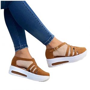 Sandale Femme Compensées Confort Mules Été Et N u-Pieds Plateforme Plate Chaussures Bout Fermé Sandale Bride Cheville Noir Été Espadrille Compensées Plateforme Plates Chaussures à Bout (Brown-B, 38) (geherl, neuf)