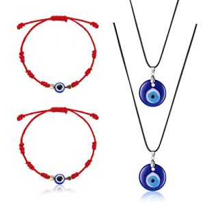4 pièces Collier Mauvais œil Bleu Protection Bracelet Mauvais Oeil Grec Ensemble 2 Amulette Bracelet Porte Bonheur Avec Cartes 2 Collier Pendentif Mauvais œil Dinde Bleu Collier Dame Homme (Geanjia, neuf)
