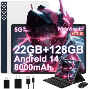 DMOAO Tablette Android 14 avec 22 Go de RAM 128 Go de ROM, Tablette Tactile 10 Pouces avec WideVine L1, 8000 mAh, Octa-Core 1 to Extensible, WiFi 5G, 8MP+5MP, Tablette avec Clavier, BT5.0/GPS, Argent (IVO DRINKS 3 LTD, neuf)