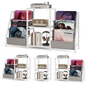 KOMFOTTEU Support de Disque Vinyle avec 3 Étagères & 6 Pochettes pour Vinyle, Meuble Platine, jusqu'à 200 Albums, Meuble Tourne-Disque, Diverses Combinaisons d’Insatallation, Vintage (Blanc) (Komfort GmbH, neuf)