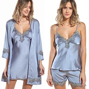 Laura in - Ensemble de Pyjama en Soie Satin pour Femme avec Dentelle 5 pièces, Robe Kimono, Chemise de Nuit, Haut, Pantalon et short-1102GrisM (Laura in, neuf)