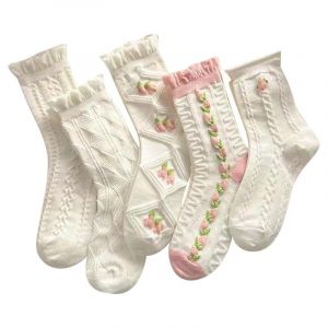 Chaussette Noire Femme 41 Lot de 5 paires de chaussettes blanches mignonnes pour femmes, en dentelle, &agrave; volants, d&eacute;contract&eacute;es, respirantes, -tubes, chaussettes &agrave; fleurs Chaussette (PK1, One Size) (huichang, neuf)