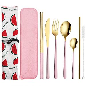 9 Pi&egrave;ces Couverts Camping Portables avec Etui, QLFJ-FurDec Couverts Voyage en Inox avec Couteau Fourchette Cuill&egrave;re Baguettes de Nettoyage Brosse Pailles Ensemble de cas pour Camping (QLFJ-FurDec, neuf)